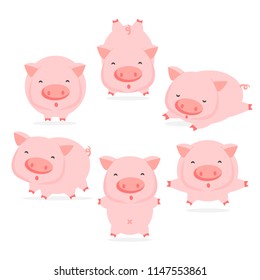 Collection of cute pig cartoon characters in various poses. Vector illustration.