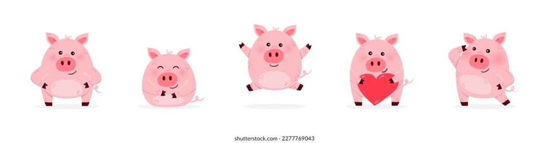Collection of cute pig characters. Decoration for children. Vector illustration