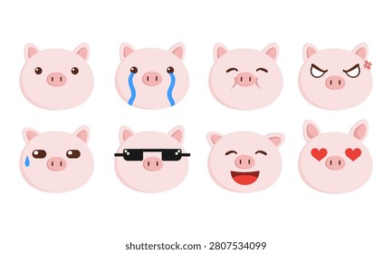 Collection of cute pig face stickers featuring various emotional expressions on a white background.