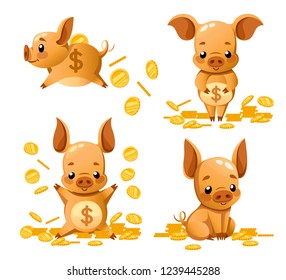 Collection of cute piggy bank. Cartoon character design. Little pig play with gold coin. Falling coins. Flat vector illustration isolated on white background.