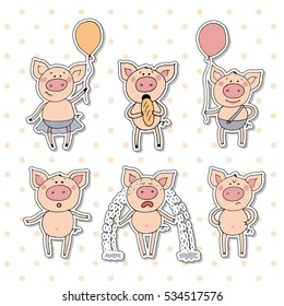 Collection of cute piglet sticker in cartoon style. Vector set isolated emotion piggy. Pigs in different situations smiling, eating bread, holding balloon in hand, surprised, becomes angry, crying
