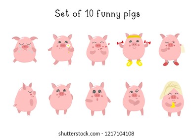Collection of cute pigs. 10 characters. Can be used as stickers, for decor of children holiday or construct postcards, posters, invitations, blogs, websites. Symbol of 2019 year.