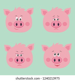 Collection of cute pigs in cartoon style. Vector set isolated emotion pig.
