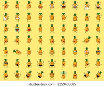 collection of cute pineapple cartoon character expressions. angry expression, thinking, crying, sad, confused, flat, happy, scared, shocked, dizzy, hopeless, sleeping. suitable for emoticon and mascot
