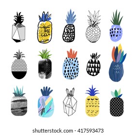 Collection of cute pineapples with different textures. Vector. Isolated