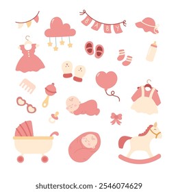 Coleção de bonito rosa bebê chuveiro Clipart Vetor Ilustração