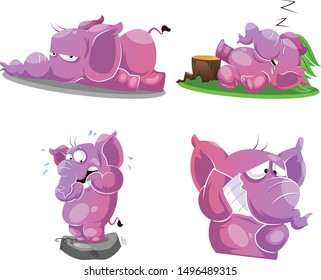 Collection Of Cute Pink Elephant In Four Different Poses.Vector Illustration Isolated On White Background