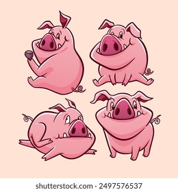 Collection Cute Pink Pig illustration for Decoration and Sticker
