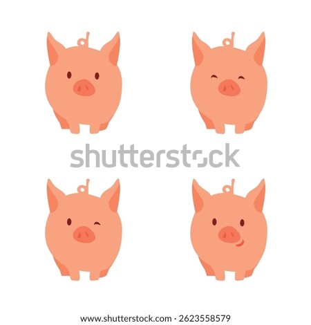 Collection of cute pink pig with various face expressions isolated on white background. Simple piglet vector icon set. Piggy illustration