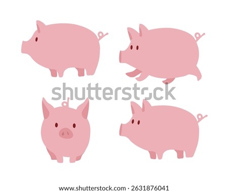 Collection of cute pink pig in various poses isolated on white background. Simple piglet vector icon set. Piggy illustration