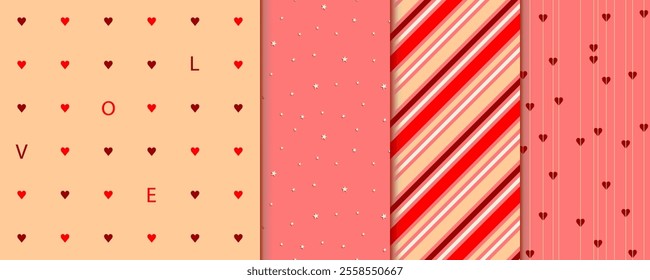 Collection of cute pink romantic seamless pattern with hearts, love, stripes, stars, for wrapping paper, fabric, textile, background, banner, card