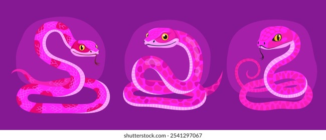 Colección de serpientes rosadas lindas sobre fondo púrpura. Reptil, animal, personaje de dibujos animados del zodiaco, mascota, símbolo del año. Serpientes manchadas curvas. Nuevo año de la serpiente.