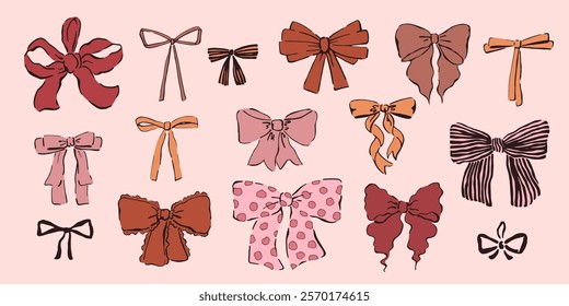 Collection of cute pink trendy hand drawn bows, ribbons. Cartoon style. Isolated vector holiday design elements.