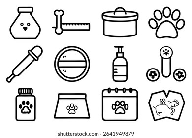 Collection of cute and playful black and white icon set featuring pet supplies and animal care essentials