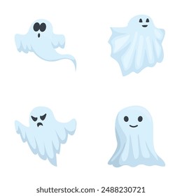 Collection of cute and playful cartoon ghosts illustrations for halloween decorations, featuring a set of friendly and spooky characters with a variety of emotional expressions