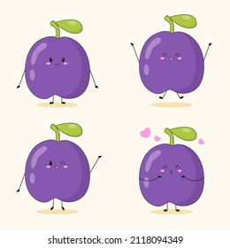 Collection of cute plum characters in the different posing. Cartoon fruit character set on white background. Flat vector illustration.