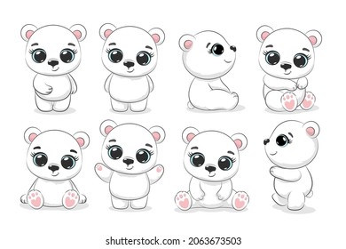 A collection of cute polar bears. Cartoon vector illustration.