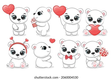 A collection of cute polar bears for the holidays, Valentine's Day. Cartoon vector illustration.