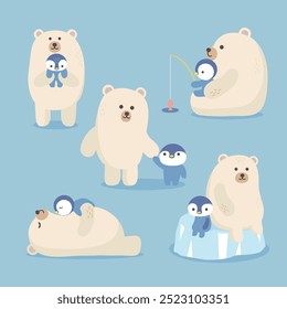 A collection of cute polar bears and penguin chicks.