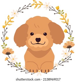 The collection of cute poodle dog with flower wreath in flat vector style. Illustration about pet and animal with plant, floral.