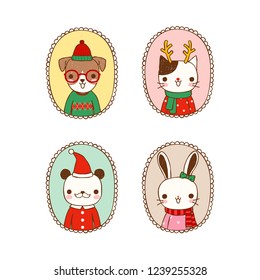 Collection of cute portrait animals wearing christmas and new year costumes with vintage frames. Isolated on white background. Flat design. Colored vector illustration.