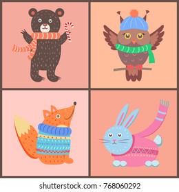 Collection of cute posters, bear holding candy, owl wearing hat and scarf, fox and rabbit dressed in sweaters on vector illustration