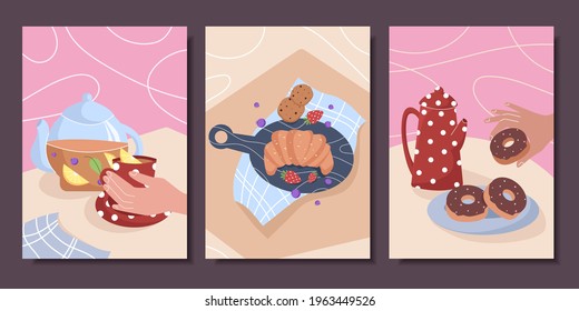 Collection of cute posters with still life. Tea, coffee, pastries, croissant, donuts. Vector illustration.