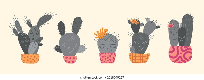 Collection of cute pots with cactus characters. Funny faces are smiling: family, girl, boy, friends. Trendy hand drawn scandinavian cartoon doodle style. Pastel palette. Design of children's textiles.