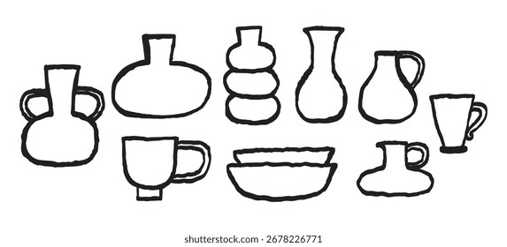 Sammlung von niedlichen Töpferwaren. Ink handgezeichnete schwarze Linie, Vektorgrafik auf weißem Hintergrund.