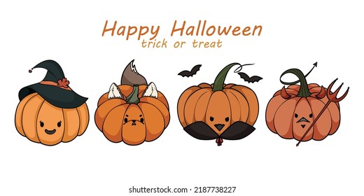 Collection of cute pumpkin characters dressed up for Halloween. Happy Halloween, trick or treat. Hand drawn vector illustration. Isolated image on a white background. Ideal for cards, poster, prints