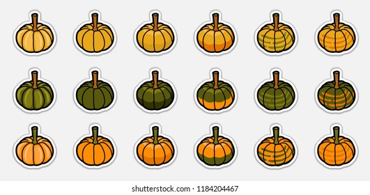 Collection of cute pumpkin stickers, vector illustration, autumn colors