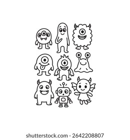 A collection of cute and quirky hand-drawn doodle monsters in black and white line art. Perfect for kids' designs, stickers, coloring books, and fun creative projects.