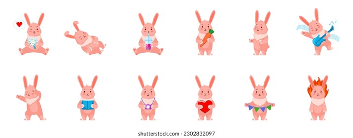 Collection of cute rabbit. Cartoon hare character design set. Bunny in various poses and emotions: photographer, dancing, playing guitar, reading, angry, laughing, with a bouquet of flowers