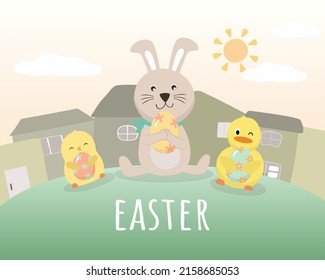 Collection of cute Rabbit, chick and eggs. lovely animal in cartoon character, various style for graphic designer, Happy Easter greeting card,  Vector illustration