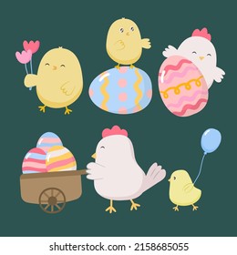 Colección de bonitos conejos, polluelos y huevos. animal encantador en personaje de dibujos animados, varios estilos para diseñador gráfico, tarjeta de felicitación Happy Easter, ilustración vectorial