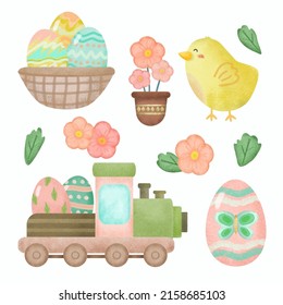 Collection of cute Rabbit, chick and eggs. lovely animal in cartoon character, various style for graphic designer, Happy Easter greeting card,  Vector illustration