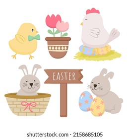 Collection of cute Rabbit, chick and eggs. lovely animal in cartoon character, various style for graphic designer, Happy Easter greeting card,  Vector illustration