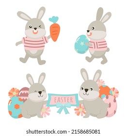 Collection of cute Rabbit and eggs. funny bunny in cartoon character, various style for graphic designer, Happy Easter greeting card,  Vector illustration