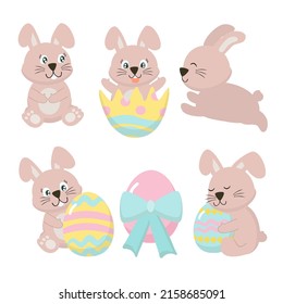 Collection of cute Rabbit and eggs. funny bunny in cartoon character, various style for graphic designer, Happy Easter greeting card,  Vector illustration