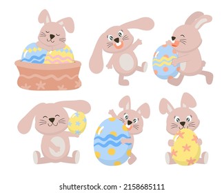Collection of cute Rabbit and eggs. funny bunny in cartoon character, various style for graphic designer, Happy Easter greeting card,  Vector illustration