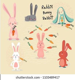 collection of cute rabbit hand drawing cartoons