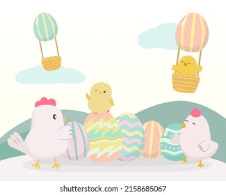 Colección de lindos Conejo, gallina, pollo y huevos. animal encantador en personaje de dibujos animados, varios estilos para diseñador gráfico, tarjeta de felicitación Happy Easter, ilustración vectorial