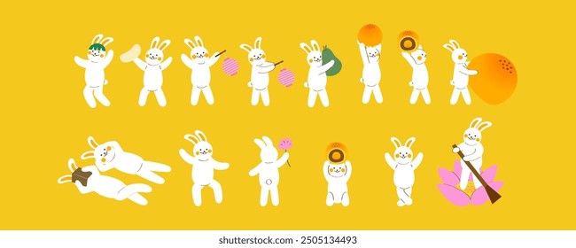 A collection of cute rabbits celebrating Mid-Autumn Festival with pomelo, lanterns, mooncakes, and flowers. Perfect for Taiwanese holiday illustration