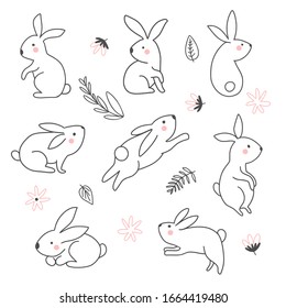 Collection of cute rabbits and floral elements in а cartoon style isolated on a white background. Vector illustration. 