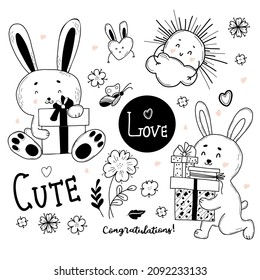 Colección de lindos conejos con regalos y cajas con arco, sol y flores. Ilustración vectorial. Elementos aislados en el estilo de doodles lineales dibujados a mano para diseño, decoración, tarjetas de felicitación y valentinas