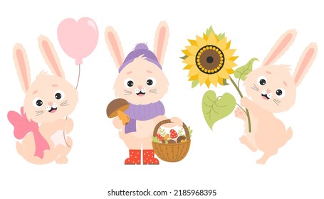 Collection of cute rabbits. Happy bunny with sunflower and balloon, autumn hare mushroom picker with basket of mushrooms. Vector illustration. Isolated characters for postcard, design and decor, print