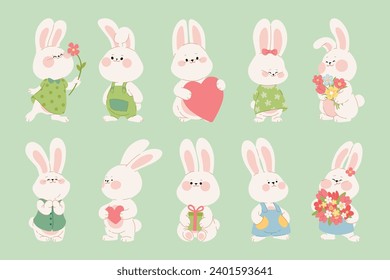 Colección de lindos conejos enamorados. Personajes de caricatura de parejas felices con regalos, corazones, flores. Kawaii comparte la tarjeta de San Valentín, pegatina, pancarta, diseño de paquetes. Ilustración del vector