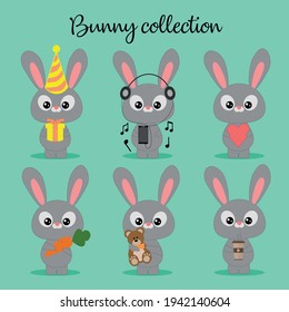 Collection of cute rabbits, performing different actions