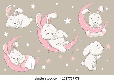 A collection of cute rabbits sleeping on the moon, dreaming and flying in a dream on the clouds. Vector illustration of a cartoon.