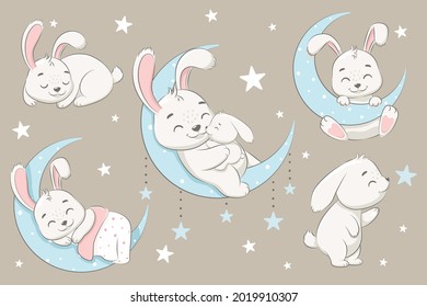 A collection of cute rabbits sleeping on the moon, dreaming and flying in a dream on the clouds. Vector illustration of a cartoon.